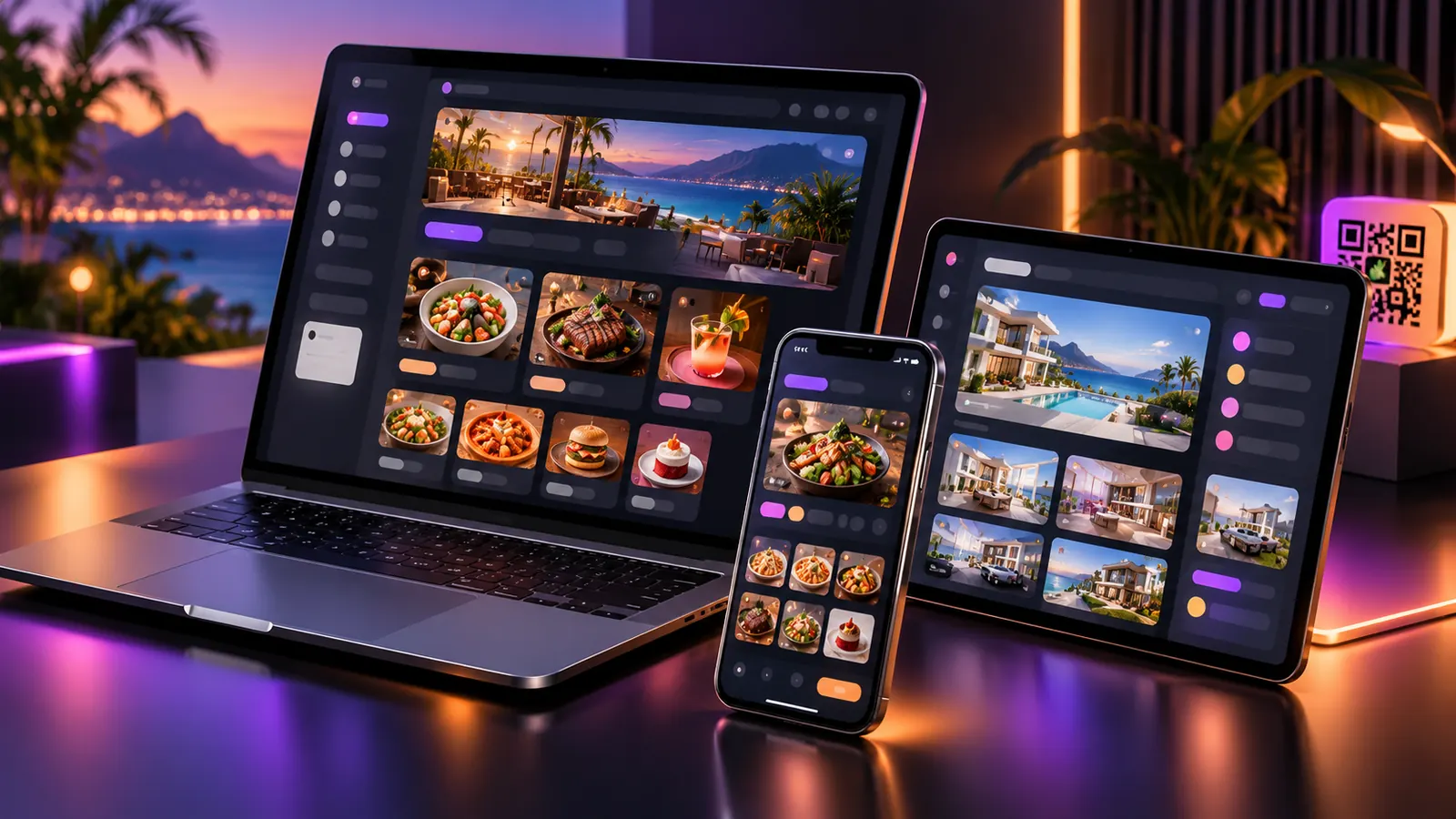 Composición ilustrativa de portátil, móvil y tablet con catálogos de gastronomía e inmuebles.
