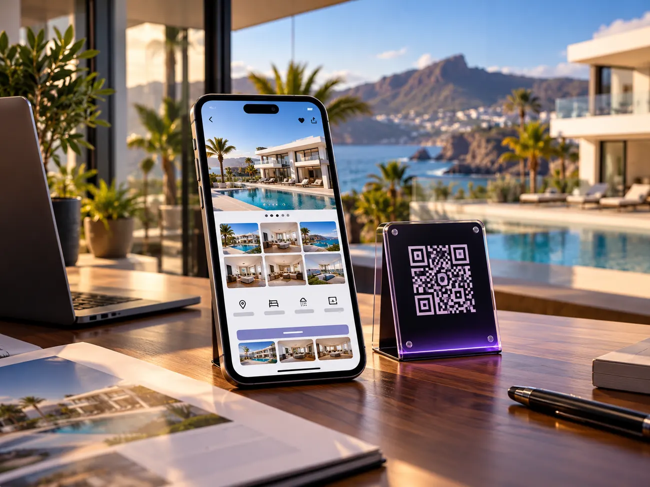 Ilustración de página inmobiliaria móvil y cartel QR en una vivienda.